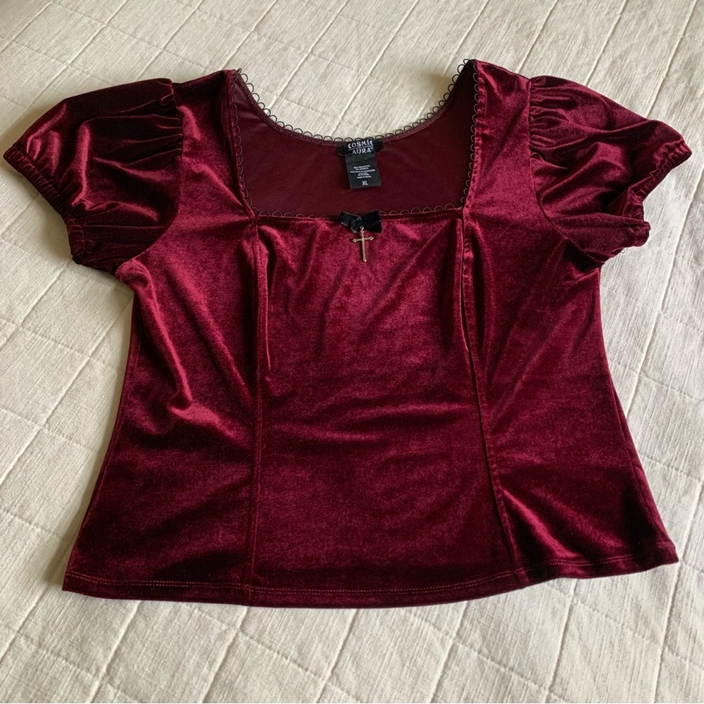 Hot Topic Cosmic Aura Burgundy Square Neck Velvet Top with Cross Size XL